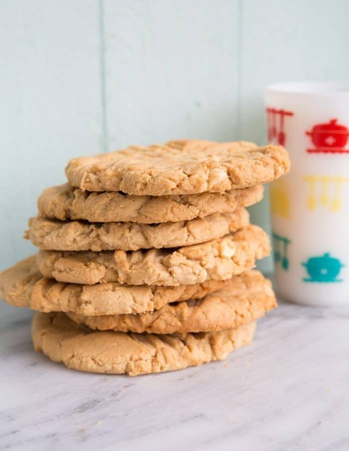 Close up Stack of Double Peanut Butter & White Chocolate Chunk Cookies