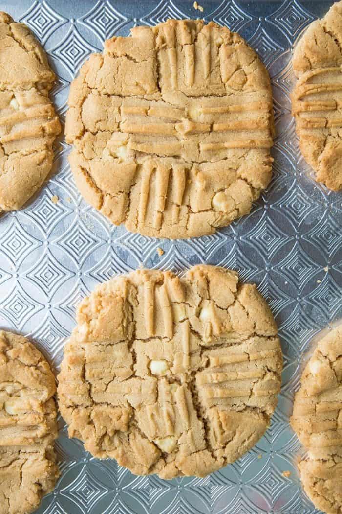 Close up of Giant Double Peanut Butter & White Chocolate Chunk Cookies