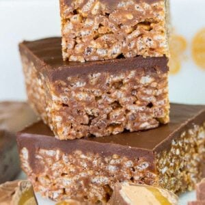 close up stack of Mars Bar Squares and sliced mars bars