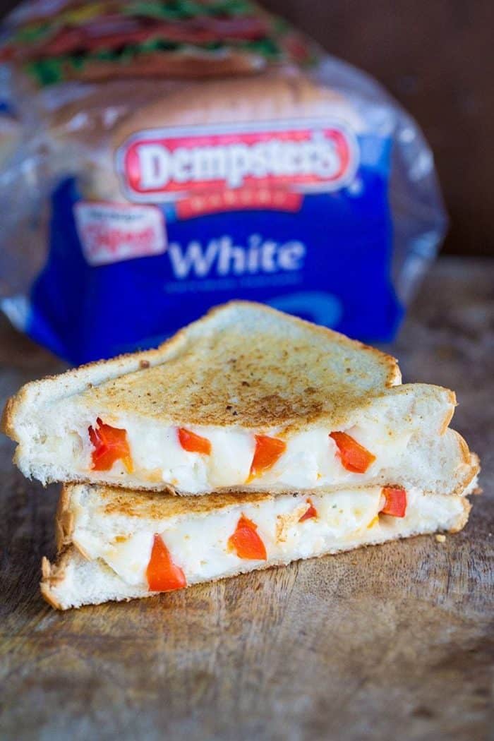 Close up Sliced Red Pepper & Feta Grilled Cheese Sandwich