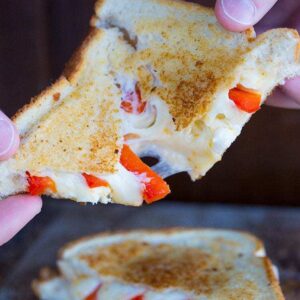 Close up Sliced Red Pepper & Feta Grilled Cheese Sandwich