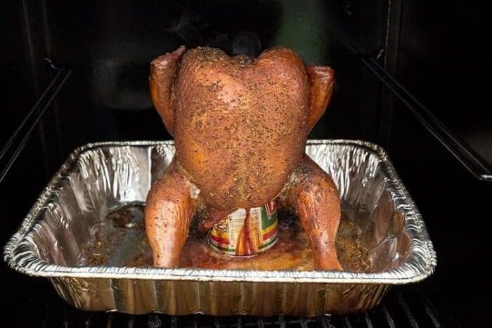 Beer Can Chicken in an aluminum pan