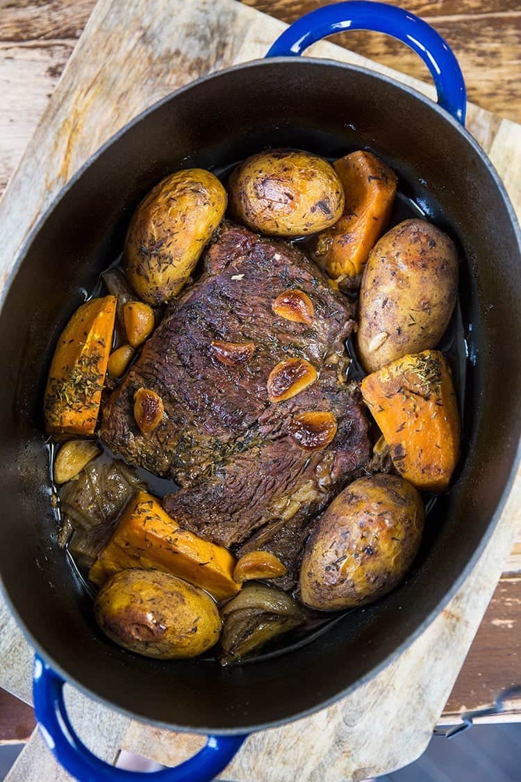 Dutch Oven Pot Roast in a board