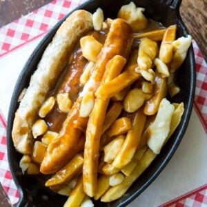 Top down shot of Poutine Hot Dogs with buns