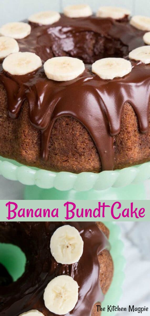 Buttermillk banana bundt with the added bonus of chocolate chips and a gorgeous chocolate glaze make a perfect tea time treat! #banana #bundt #chocolate