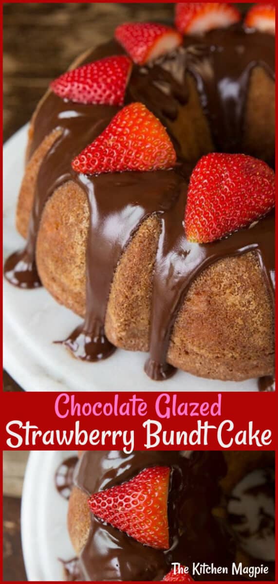 Chocolate Glazed Strawberry Yogurt Bundt Cake, easy to make and perfect for spring and summer! #strawberry #cake #chocolate #bundt