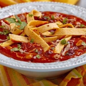 close up of Campbell's Chicken Tortilla Soup Kits in a White Vintage Plate