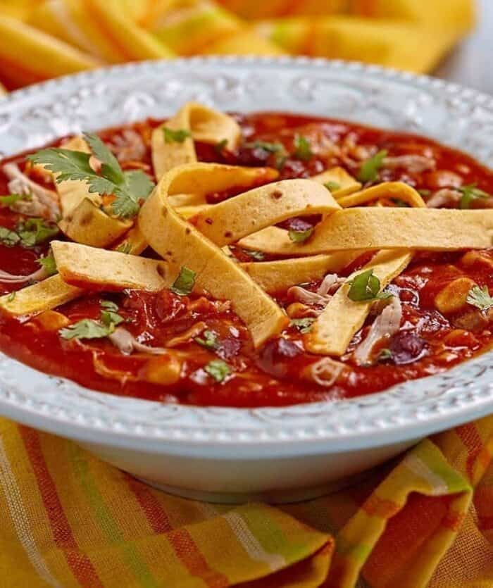 close up of Campbell's Chicken Tortilla Soup Kits in a White Vintage Plate