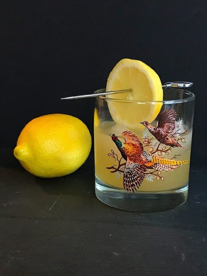 Fresh lemon fruit beside a vintage glass with Boating Punch Cocktail garnish with a slice of lemon