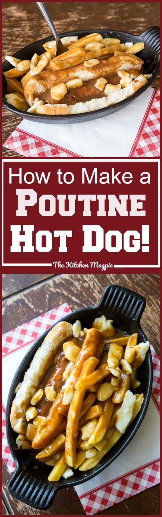 How to Make Poutine Hot Dogs! This crazy Canadian treat uses melty cheese curds and gravy on top of a hot dog! SO DELICIOUS! 
