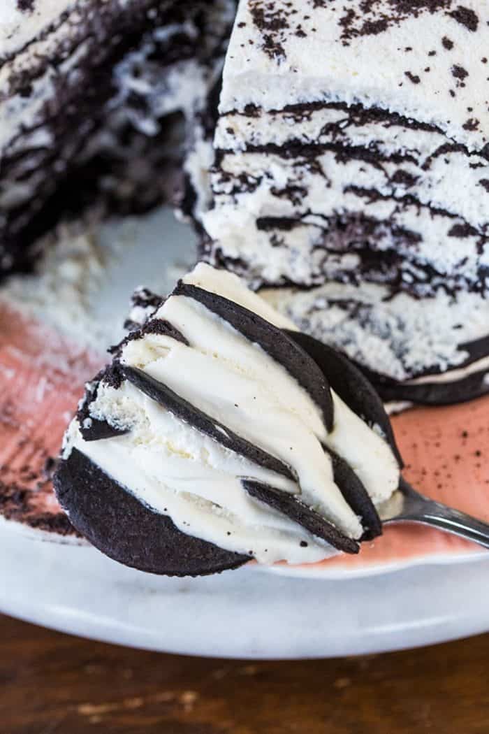 a slice of Chocolate Wafer Icebox Cake in a spoon