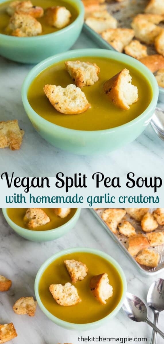 How to make amazing Vegan Curried Split Pea Soup with Homemade Garlic Croutons! #vegan #peas #soup #garlic