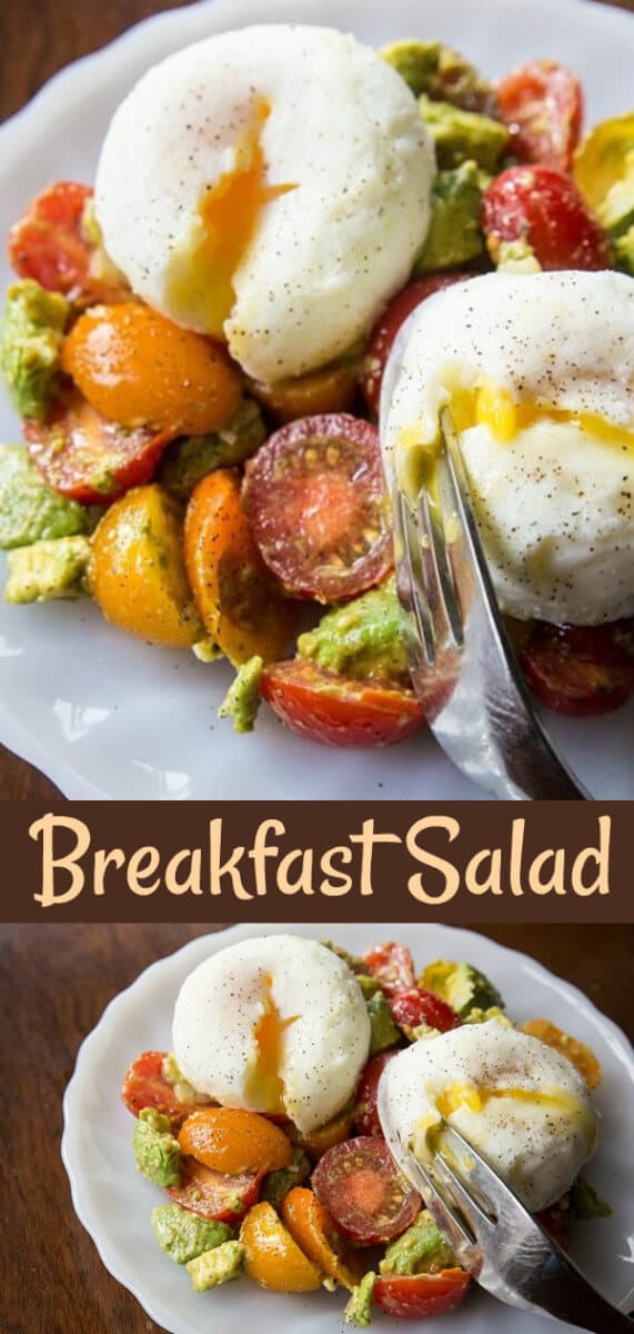 How to make a breakfast salad that doesn't involve lettuce! Topping tomatoes and avocados with pesto and poached eggs is a healthy start to your day! #breakfast #eggs #healthy #lowcarb #keto