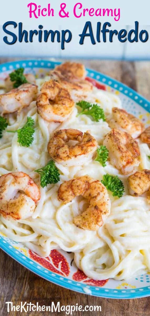 How to make amazing shrimp alfredo! Pan fried shrimp in a creamy garlic Parmesan sauce is perfection for on top of fettuccine! #shrimp #alfredo #pasta