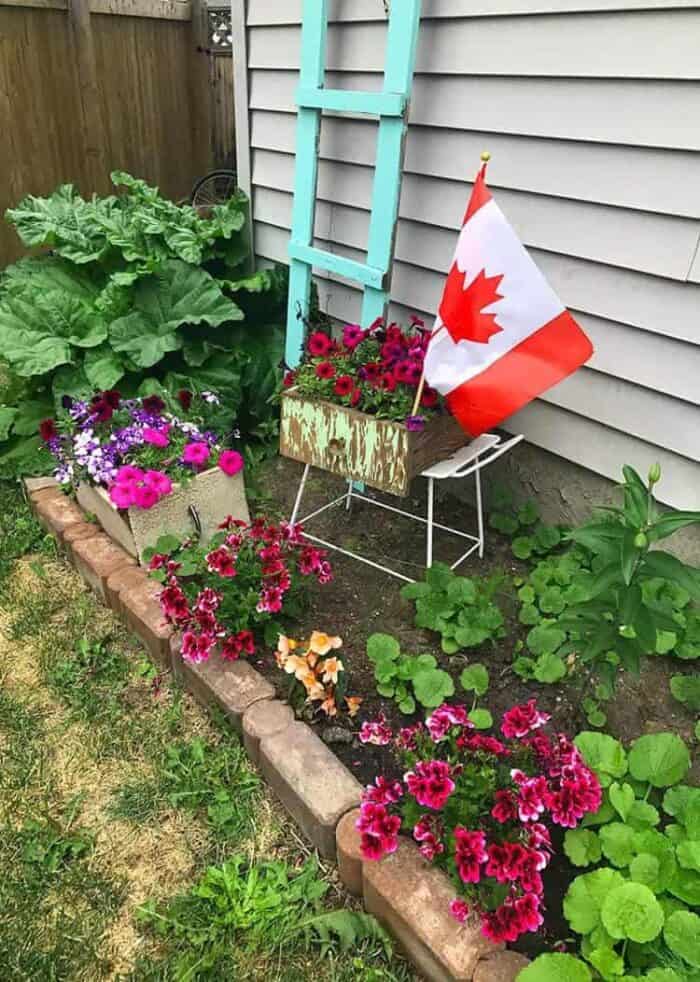 My Blooming, Buzzing Garden witth Canadian flag and wood ladder