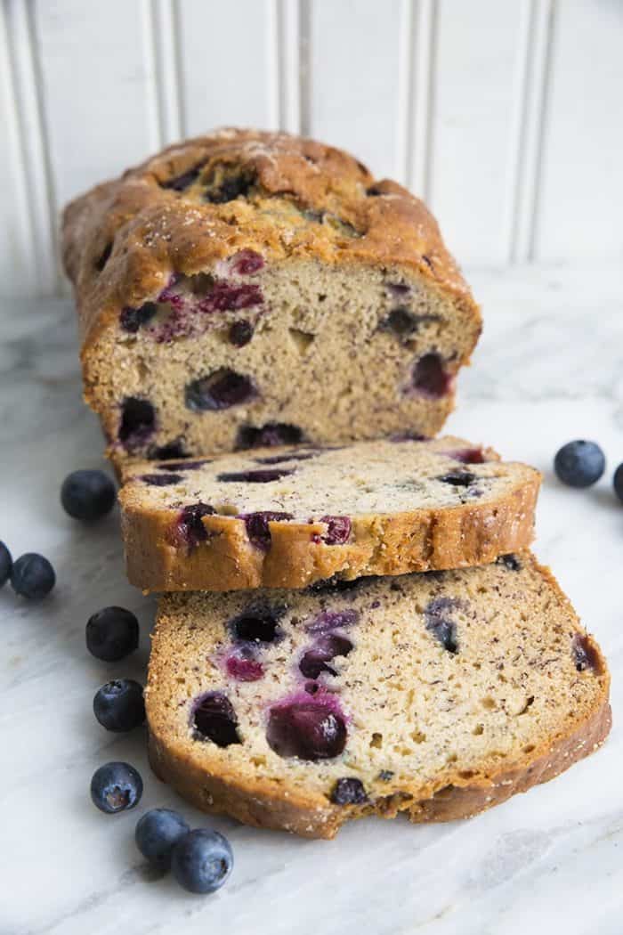 close up loaf of Blueberry Banana Bread in white background