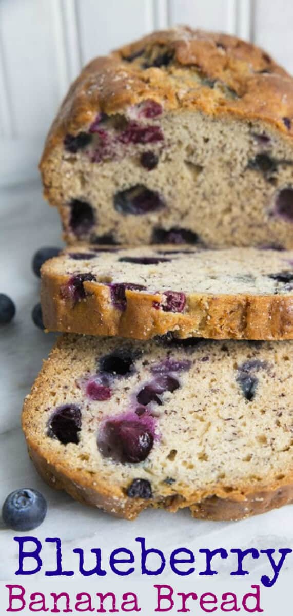  This fabulous Blueberry Banana Bread is another great way to use up those freezer bananas! ( if you're like me, you have a never ending stash of them!) Blueberries are a perfect match with banana, so why not bake them into banana bread? #bananabread #blueberry