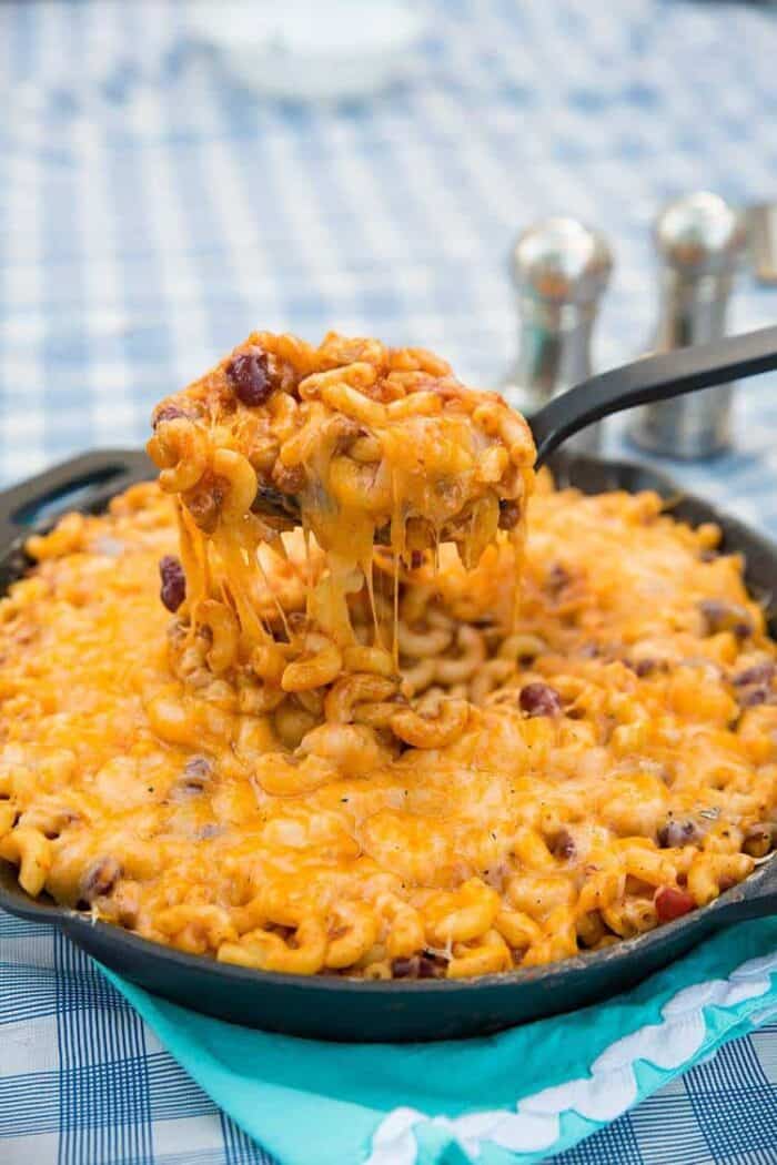 Homemade Cheesy Chili Mac Skillet - The Kitchen Magpie