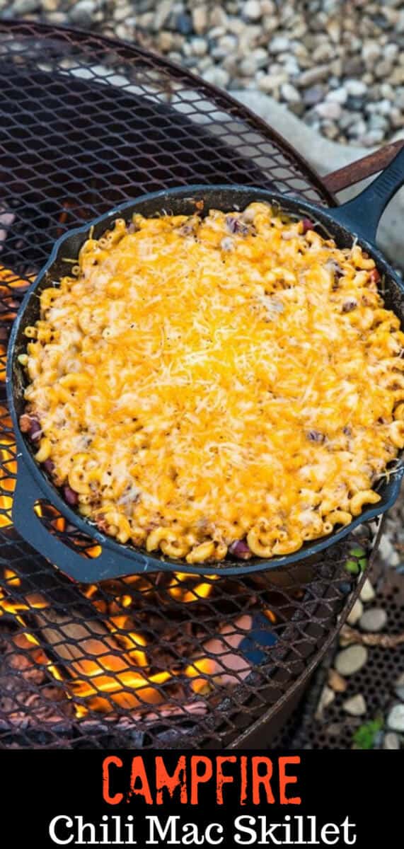 Campfire Cheater Chili Mac Skillet! This hearty dish will soon become a new camping favourite with your family! Only a few ingredients and it cooks on the campfire perfectly! #camping #recipes #chilimac #pasta