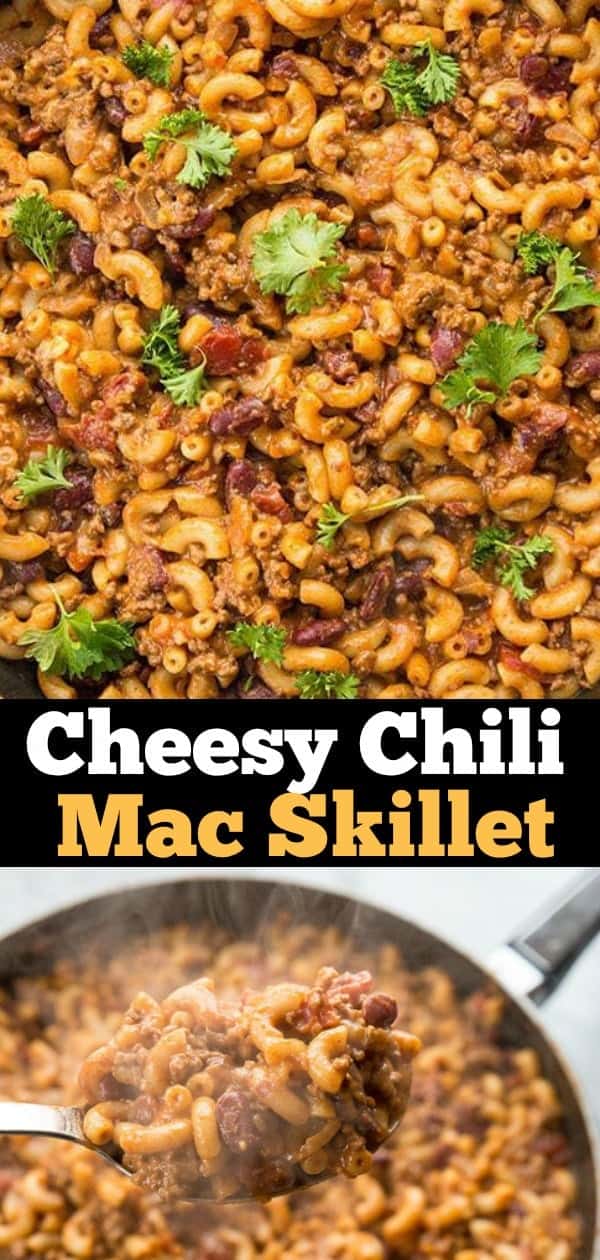 This Homemade Cheesy Chili Mac Skillet has two secret ingredients that make this the BEST cheesy chili mac skillet you are ever going to eat! I promise! #chili #pasta #chilimac #skillet #dinner #supper #recipe #food #cheese #Cheesy