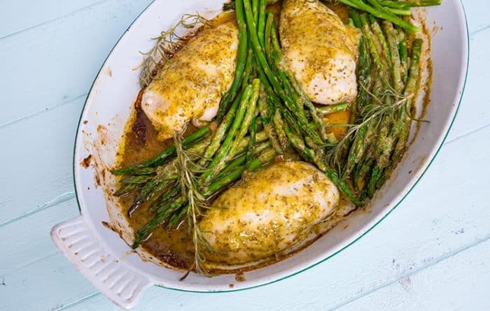 Rosemary Lemon Chicken & Asparagus Dinner in White pan