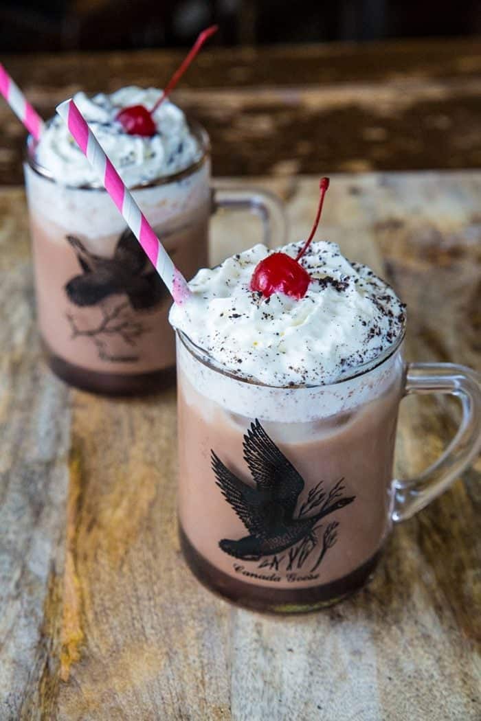 Close up of Spiked Chocolate Iced Coffee with Caotina and Kahlua topped with whipped cream and cherry