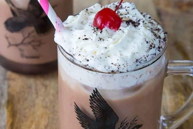 Close up of Spiked Chocolate Iced Coffee with Caotina and Kahlua topped with whipped cream and cherry