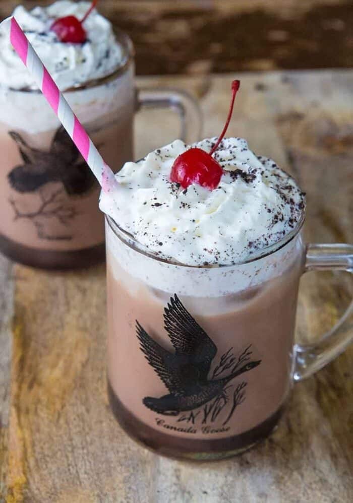 Spiked Chocolate Iced Coffee with Caotina and Kahlua topped with whipped cream and cherry