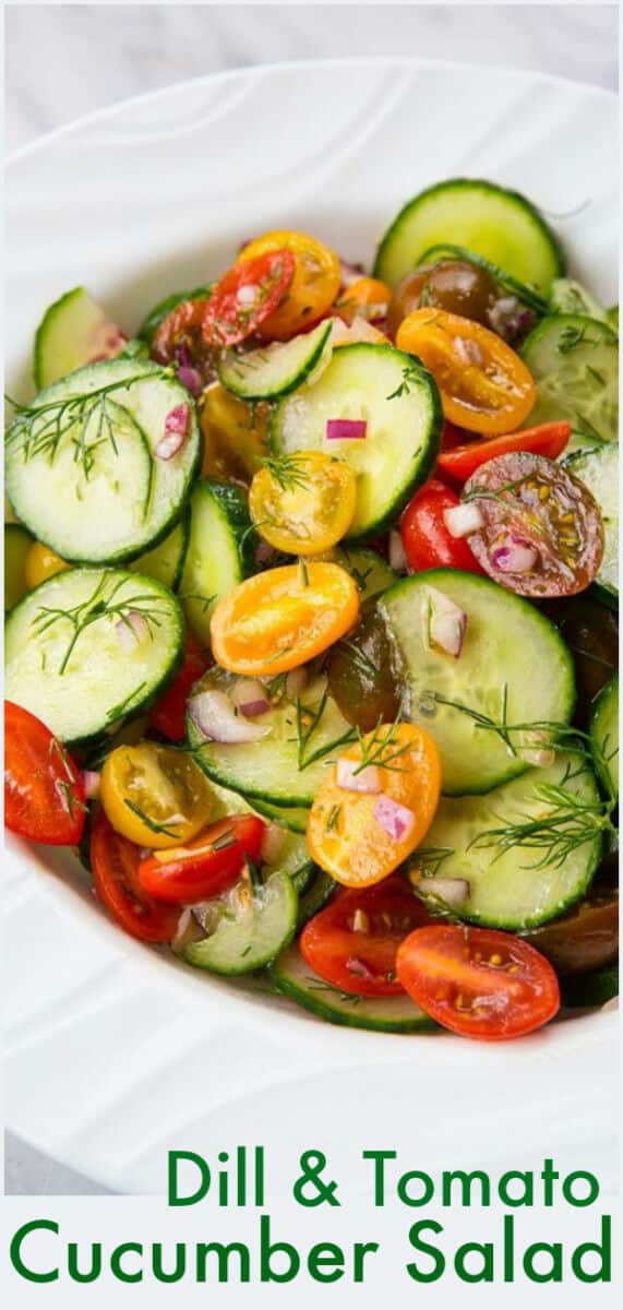 Cucumber and Tomato Salad with Dill. This is easily made with ingredients straight from your summer garden! #cucumber #tomato #salad #dill