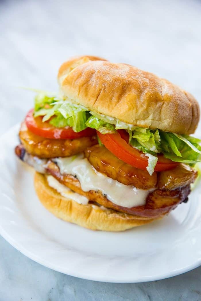 Teriyaki Chicken Burger in a white plate 