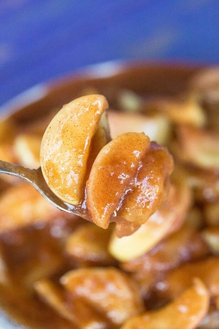 close up of a spoon with Cracker Barrel Fried Apples