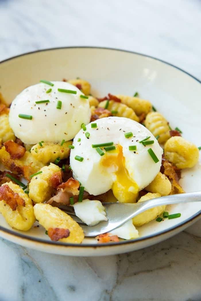 close up Gnocchi Breakfast Skillet on marble background