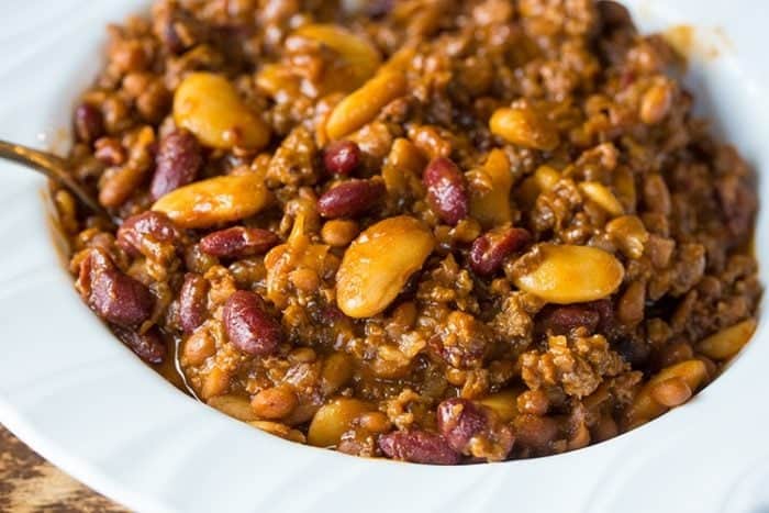 Slow Cooker Calico Beans in a white bowl