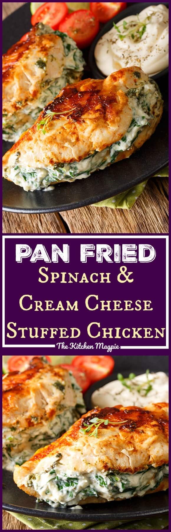 Pan Fried Spinach & Cream Cheese Stuffed Chicken Breasts. This healthy chicken dish is fast and simple to prepare! Use low-fat cream cheese and Parmesan and you have a healthy dinner full of protein and veggies! Recipe from @kitchenmagpie #recipe #chicken #creamcheese #dinner #supper 