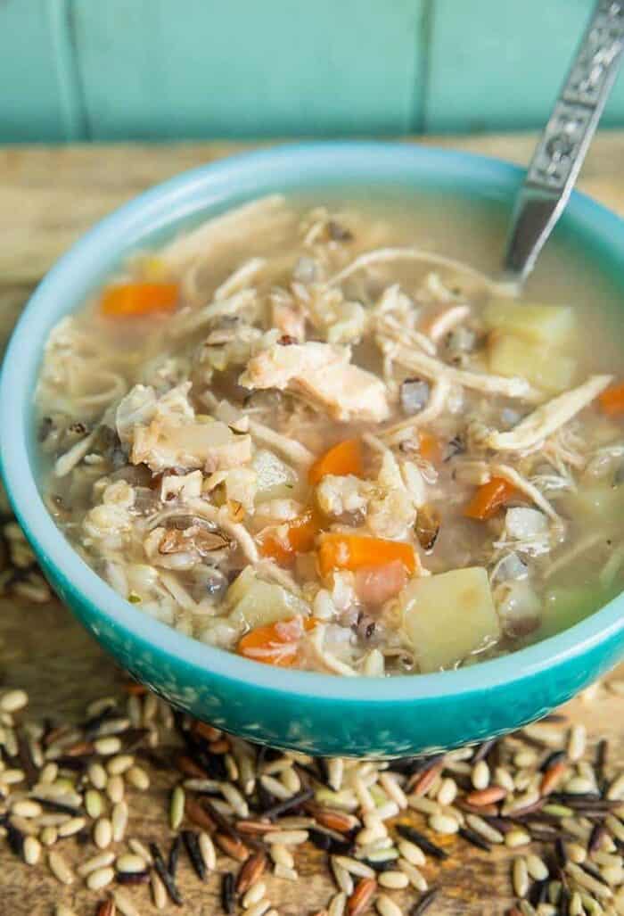 Slow Cooker Chicken & Wild Rice Soup in a soup bowl