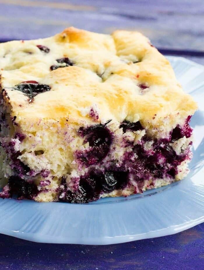 close up of Lemon Blueberry Overnight Breakfast Cake