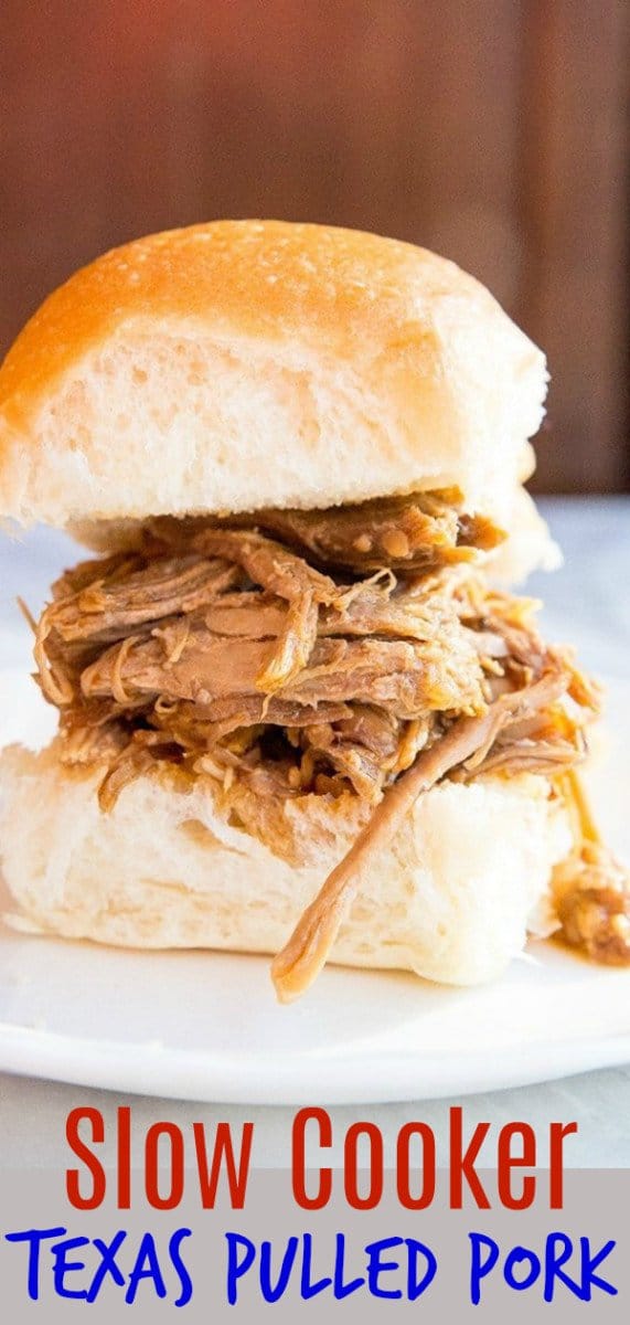 This slow cooker Texas pulled pork was a hit, the whole family devoured it! Set it and forget it in your slow cooker & come home to a hot meal! #pulledpork #slowcooker #pork