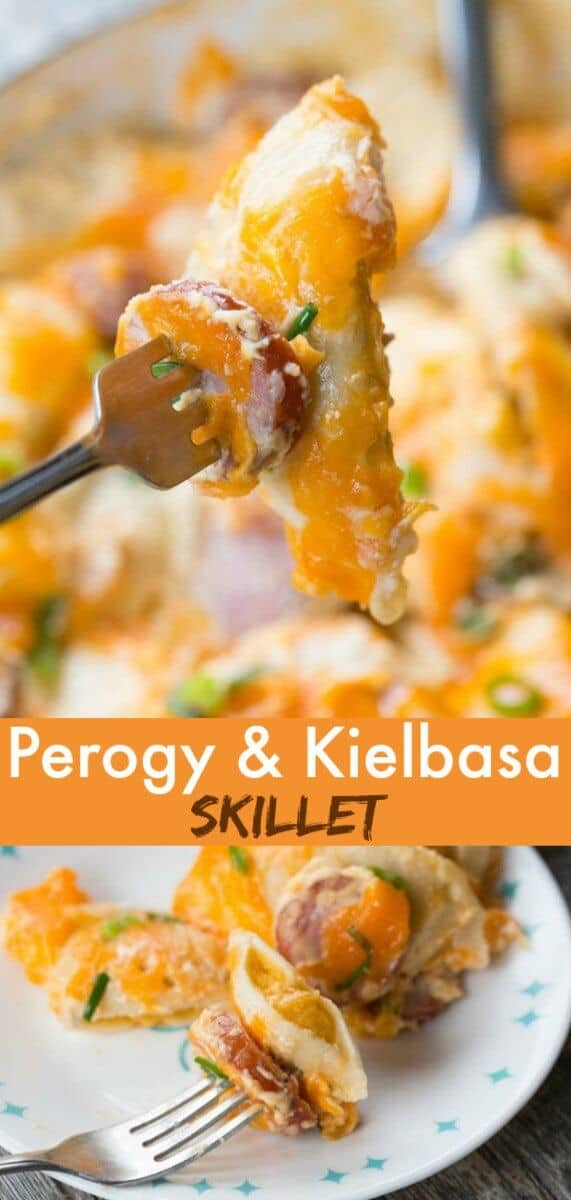 Perogy Kielbasa Skillet Dinner. If you love perogies, this easy dinner is for you! Cook up onions, perogies and kielbasa in one skillet with a creamy sauce and dinner is served! #dinner #perogies 