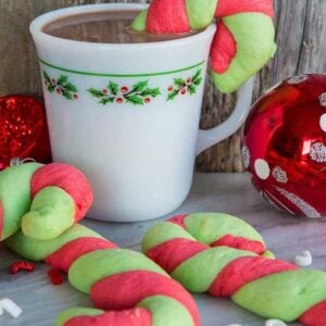 close up Classic Christmas Candy Cane Cookies in glorious red and green stripes!