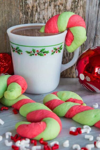 close up Classic Christmas Candy Cane Cookies in glorious red and green stripes!