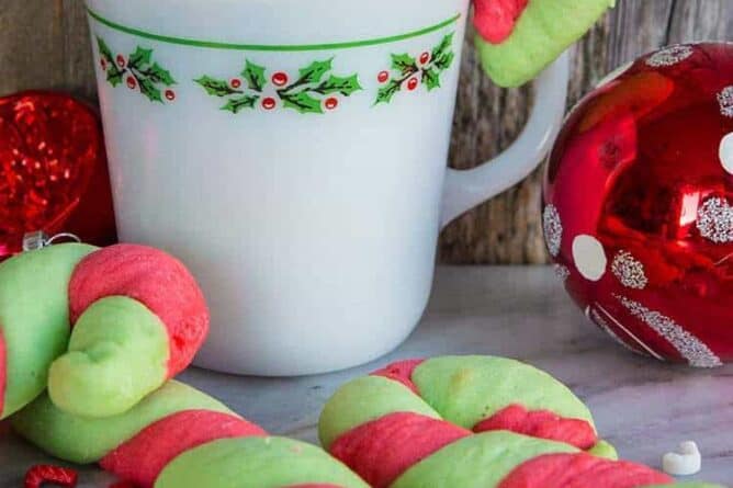 close up Classic Christmas Candy Cane Cookies in glorious red and green stripes!