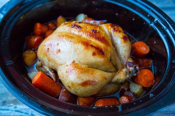 Honey Garlic Chicken with potatoes and carrots in slow cooker