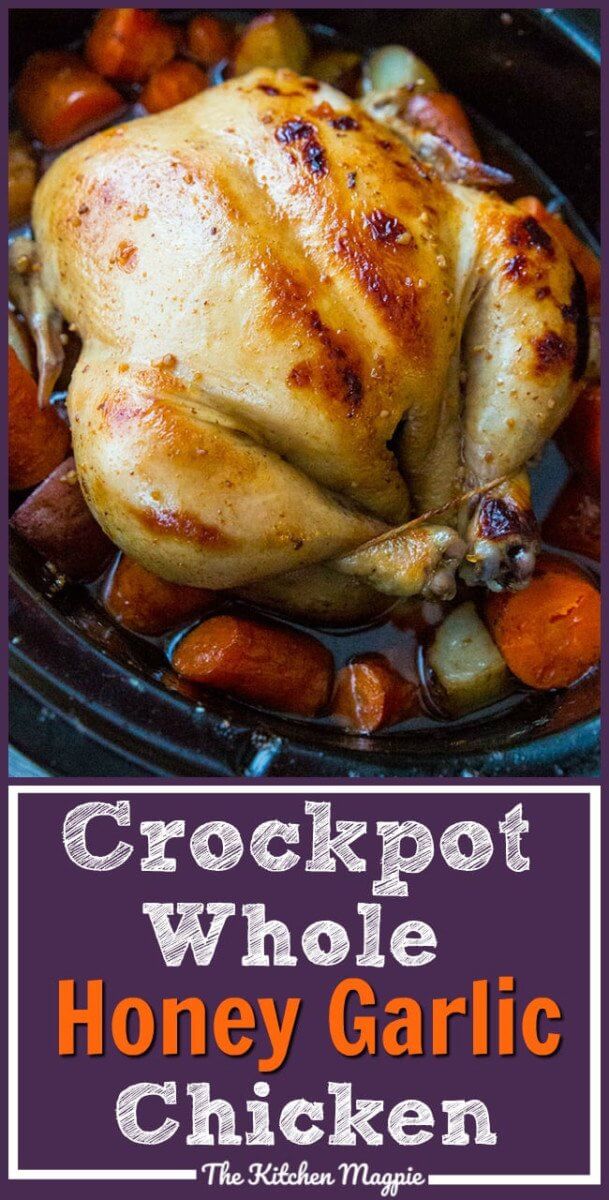 Crockpot Honey Garlic Whole Chicken & Vegetables! Roast a whole chicken in your crockpot with a delicious honey garlic sauce & vegetables for the perfect easy dinner!! #crockpot #slowcooker #honeygarlic