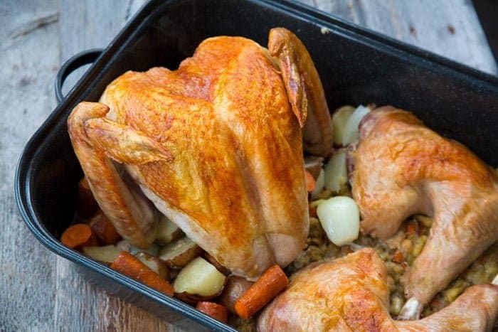 deconstructed turkey and stuffing with vegetables in one roaster!