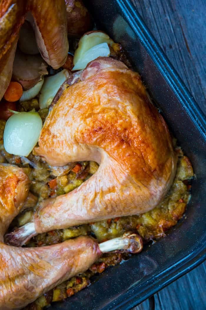 close up Deconstructed Turkey and Stuffing with Vegetables in ONE Roaster!