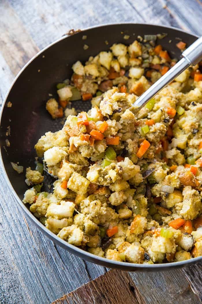 close up Homemade stove top stuffing in a large skillet 