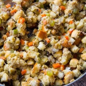 close up Homemade stove top stuffing in a large skillet