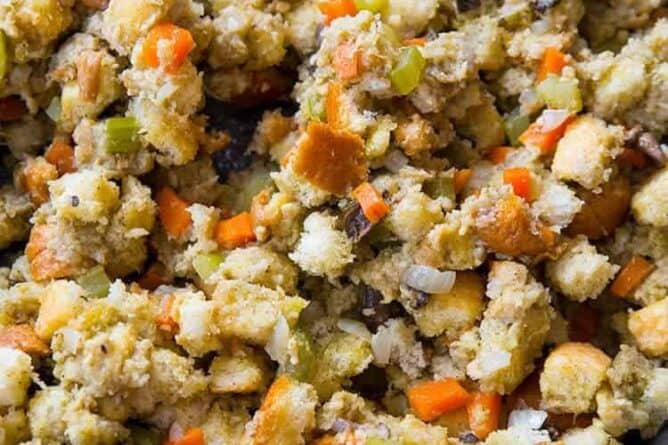 close up Homemade stove top stuffing in a large skillet