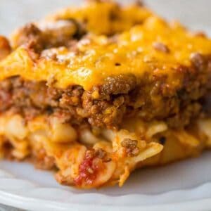 close up serving of Johnny Marzetti Casserole in a white plate