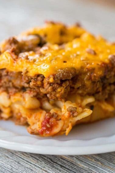 close up serving of Johnny Marzetti Casserole in a white plate